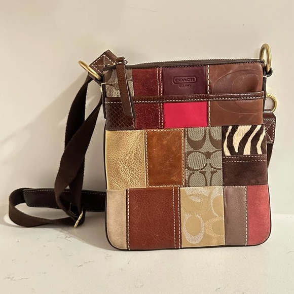 Coach Handbags - Coach Pink Brown Patchwork Leather Suede Signature Crossbody Purse Shoulder Bag